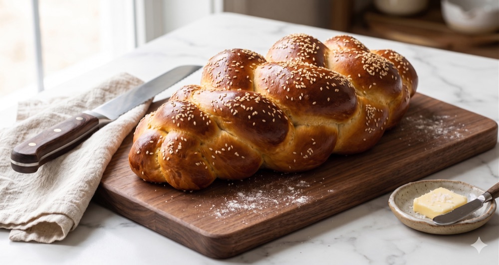 Braided challah loaf glazed with egg wash and sesame seeds