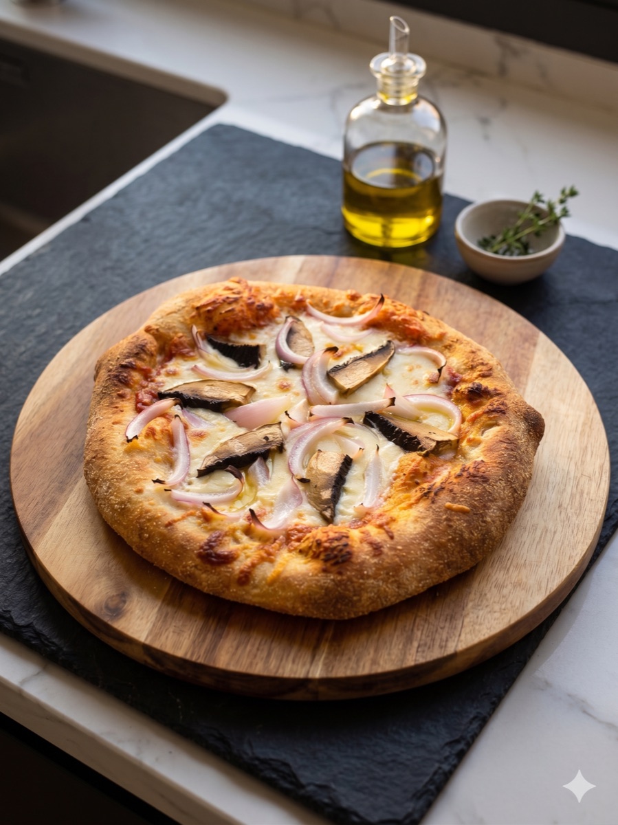 Hand-stretched pizza with a blistered, golden, leopard-spotted crust